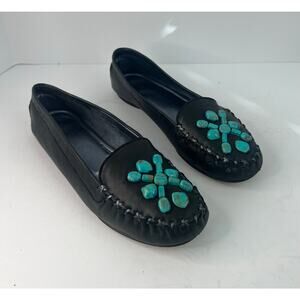 Southwest Moccasin Co Black Leather Faux Turquoise Slip On Driving Loafers 10